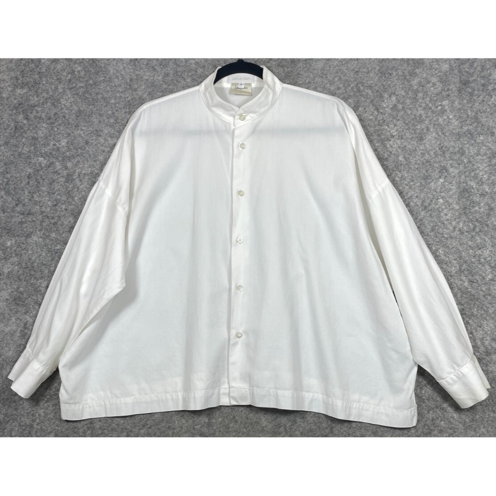 eskandar Oversized White Mandarin-Collar Button-Down Top